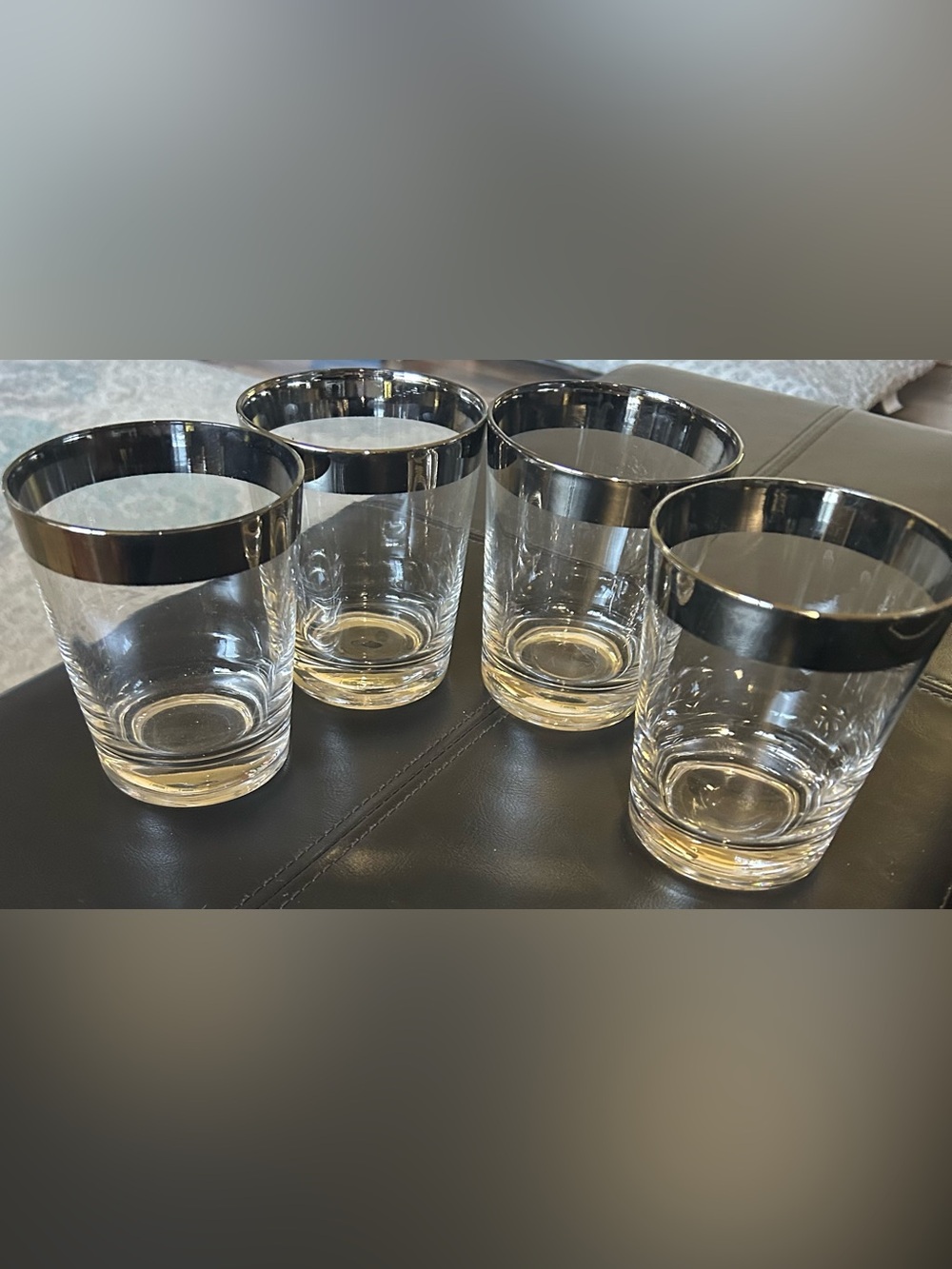 MID CENTURY MODERN DOROTHY THORPE 4 LARGE ROCK COCKTAIL GLASSES SILVER BAND